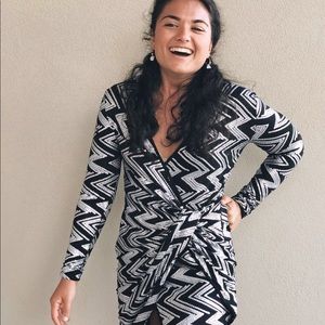 Black v-neck long sleeve silver sequined mini dress